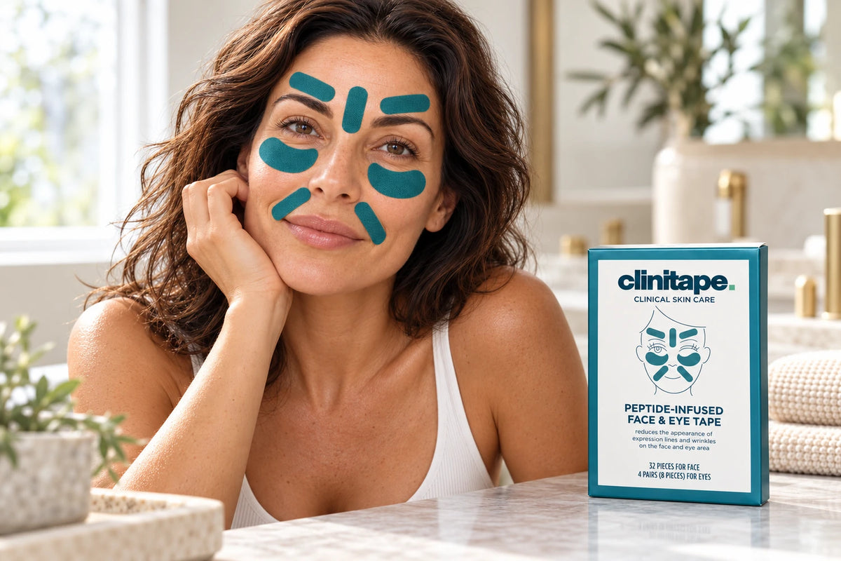Model wearing seven teal face tapes beside the Clinitape box